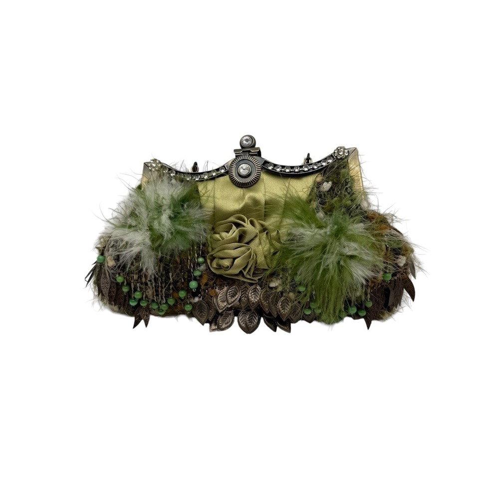 Green Feather Beaded Dark Fairy Boho Art Deco Clutch Metallic Purse w/strap READ - Picture 2 of 14